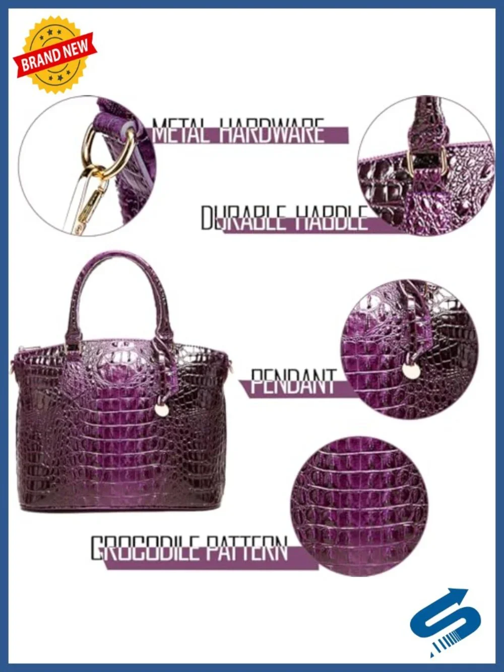 Vegan Leather Crocodile Embossed Satchel Tote Handbag with Shoulder Strap